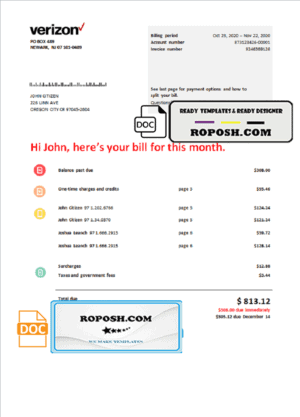 USA Verizon telecommunications utility bill template in Word and PDF format