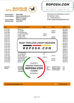 Senegal Banque Atlantique bank statement easy to fill template in Word and PDF format