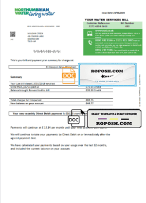 United Kingdom Northumbrian Water utility bill template in Word and PDF format, version 1