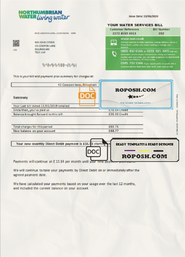 United Kingdom Northumbrian Water utility bill template in Word and PDF format, version 1 scan effect