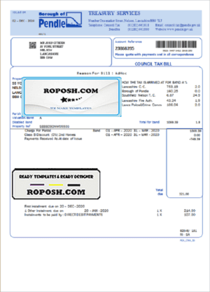 United Kingdom Borough of Pendle council tax bill template in Word and PDF format