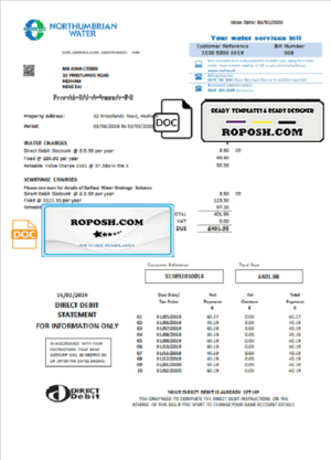 United Kingdom Northumbrian Water utility bill template in Word and PDF format, version 2