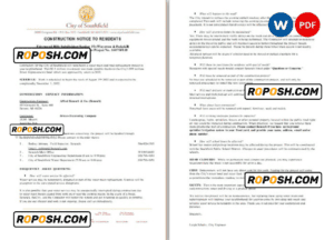 USA Michigan City of Southfield utility water and construction shut off notice, Word and PDF template, 3 pages