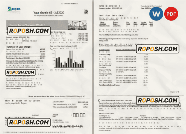 USA Maryland Pepco utility bill, Word and PDF template, 3 pages
