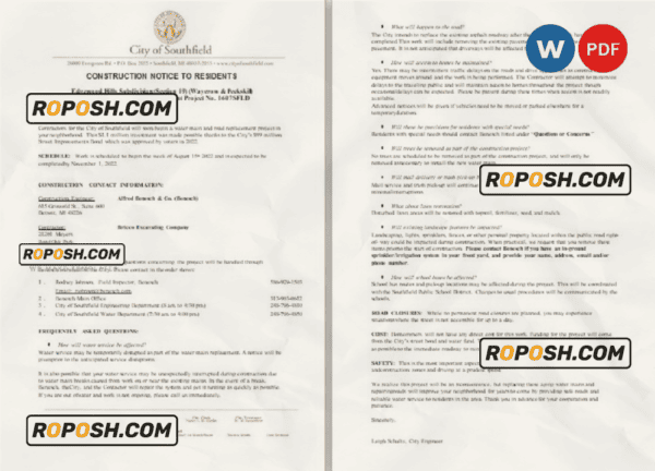 USA Michigan City of Southfield utility water and construction shut off notice, Word and PDF template, 3 pages