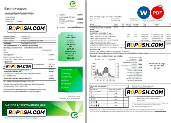 Australia Energy Australia electricity utility bill template in Word and PDF format, 3 pages