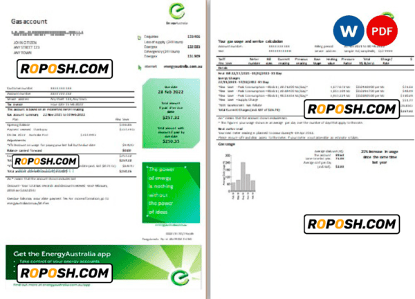 Australia Energy Australia gas utility bill template in Word and PDF format, 3 pages