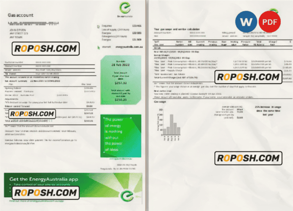 Australia Energy Australia gas utility bill template in Word and PDF format, 3 pages