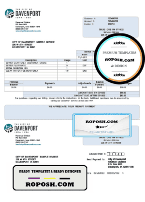 USA Iowa City of Davenport utility bill template in Word and PDF format