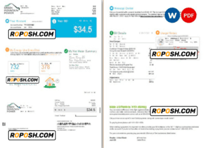 USA Vermont Green Mountain Power utility bill, Word and PDF template, 2 pages