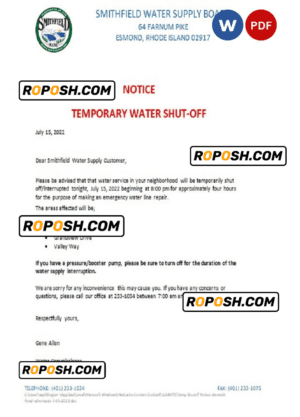 USA Rhode Island Smithfield water supply board water shut off notice, Word and PDF template