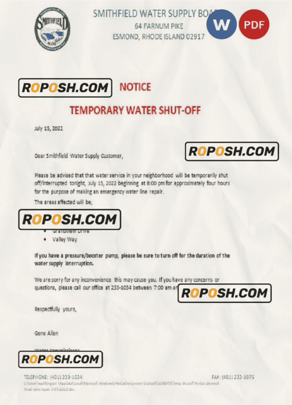 USA Rhode Island Smithfield water supply board water shut off notice, Word and PDF template