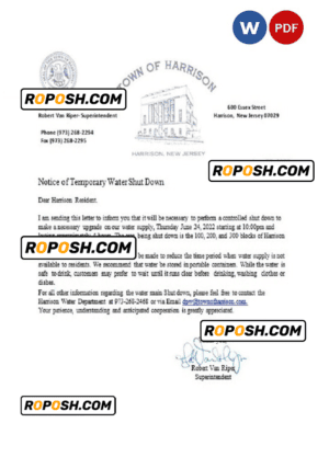 USA New Jersey Town of Harrison utility water shut off notice, Word and PDF template