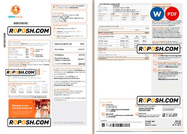 Australia Alinta Energy electricity utility bill template in Word and PDF format, 2 pages