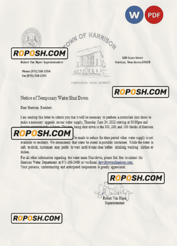 USA New Jersey Town of Harrison utility water shut off notice, Word and PDF template