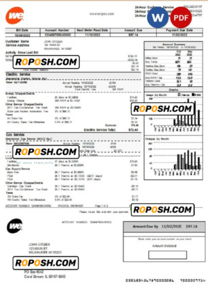 USA Wisconsin We Energies electricity utility bill template in Word and PDF format