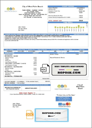 USA Florida City of West Palm Beach utility bill template in Word and PDF format