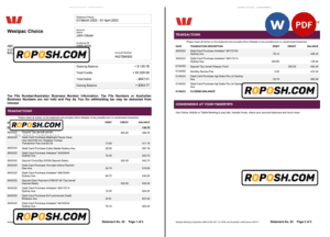 Australia Westpac bank statement Word and PDF template, 3 pages