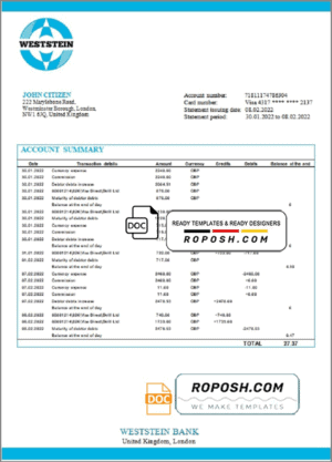 United Kingdom WestStein Bank statement template in Word and PDF format