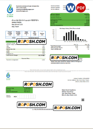 UAE Al Fanar Gas Group utility bill template in Word and PDF format