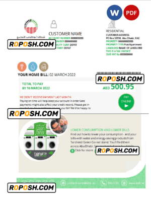 UAE Abu Dhabi Distribution Co. utility bill template in Word and PDF format