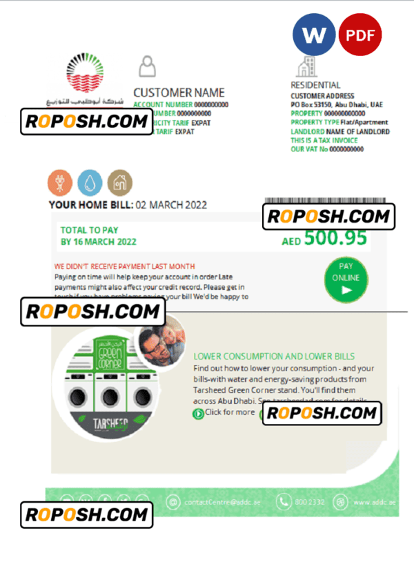 UAE Abu Dhabi Distribution Co. utility bill template in Word and PDF format