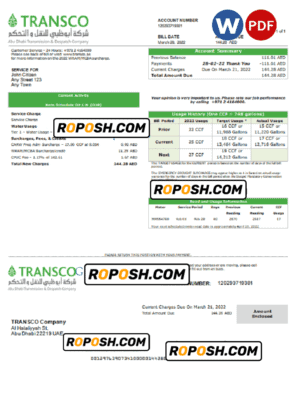 UAE Abu Dhabi Transmission & Despatch Company (TRANSCO) utility bill template in Word and PDF format