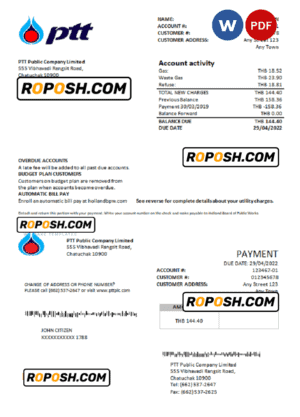 Thailand PTT gas utility bill template in Word and PDF format