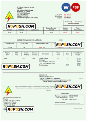 Saint Vincent and the Grenadines St. Vincent Electricity Services Limited utility bill Word and PDF template