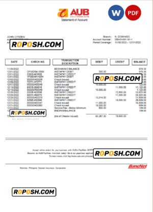 Philippines Asia United Bank (AUB) account statement Word and PDF template