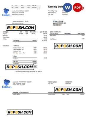 USA Ohio Kalahari Waterpark Resort utility bill template in Word and PDF format