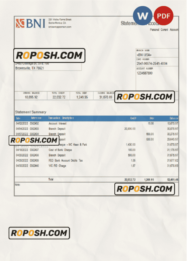 USA Texas BNI bank account statement Word and PDF template
