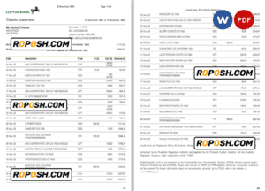 USA Lloyds bank statement, Word and PDF template, 2 pages