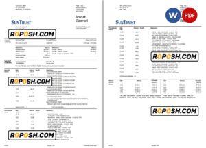 USA SunTrust bank statement, Word and PDF template, 2 pages