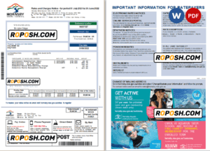 Australia NSW Hornsby Shire Council utility bill, Word and PDF template, 2 pages