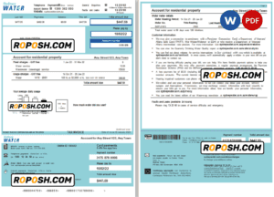 Australia Sydney Water utility bill, Word and PDF template, 2 pages