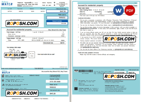 Australia Sydney Water utility bill, Word and PDF template, 2 pages
