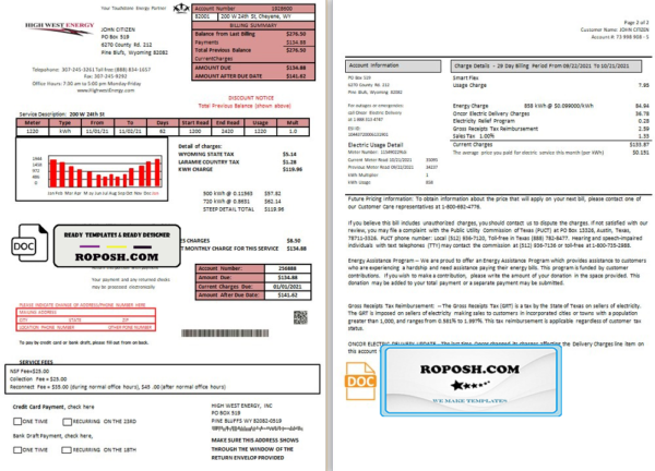 USA Wyoming High West Energy utility bill in Word anf PDF format (2 pages)