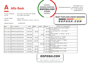 Russia Alfa bank statement easy to fill template in .xls and .pdf file format