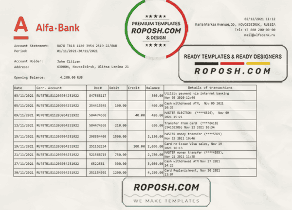 Russia Alfa bank statement easy to fill template in .xls and .pdf file format