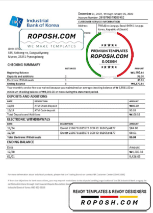 South Korea Industrial Bank of Korea bank statement template in Word and PDF format