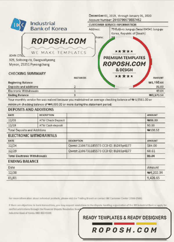 South Korea Industrial Bank of Korea bank statement template in Word and PDF format