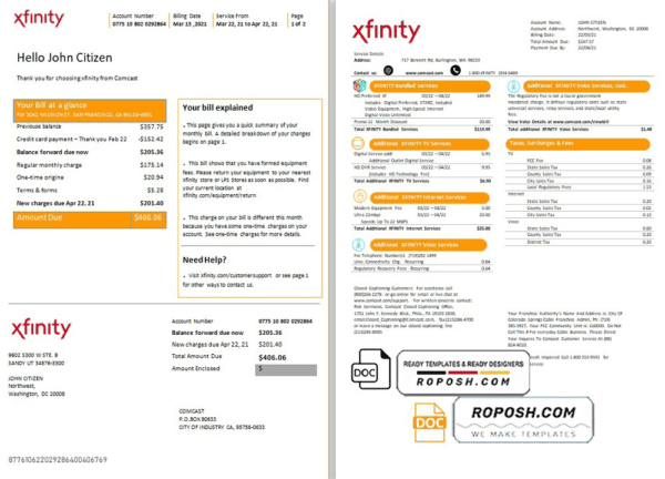 USA San Francisco Xfinity Comcast utility bill template in Word and PDF format (2 pages)
