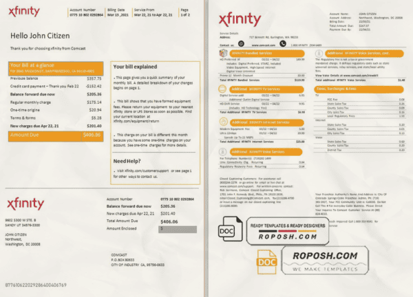 USA San Francisco Xfinity Comcast utility bill template in Word and PDF format (2 pages)