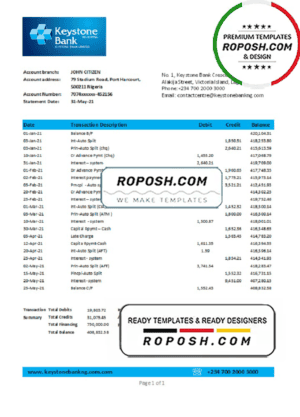 Nigeria Keystone Bank statement easy to fill template in .xls and .pdf file format