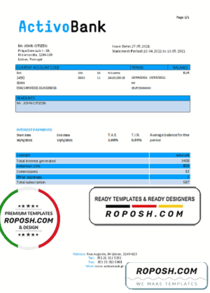 Portugal Activobank S.A. bank statement template in Excel and PDF format, .xls and .pdf format