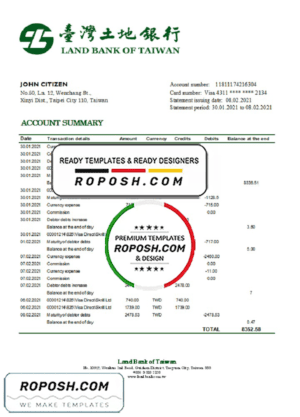 Taiwan Cooperative Bank statement template in Word and PDF format, good for address prove