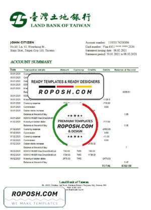 Taiwan Land Bank of Taiwan bank statement easy to fill template in Excel and PDF format