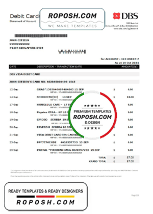 Singapore DBS bank proof of address statement template in .xls and .pdf format