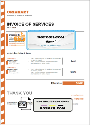 Australia Orianart art and design company invoice template in Word and PDF format, fully editable